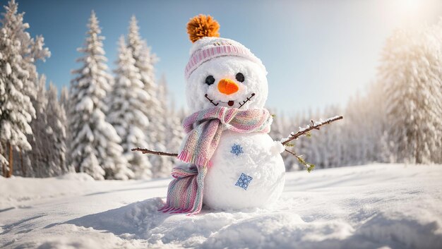 Niedlicher Schneemann auf einer verschneiten Wiese