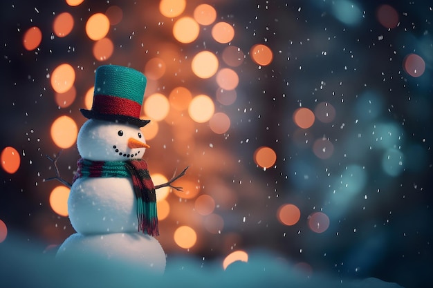 Niedlicher Schneemann auf weihnachtlichem Bokeh-Hintergrund