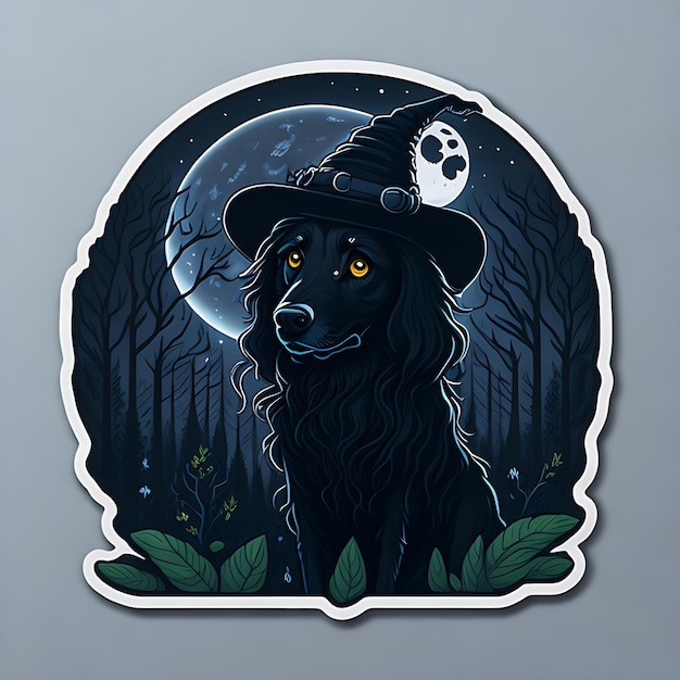 Niedlicher schwarzer Hundeaufkleber und geheimnisvolle Nachtszene