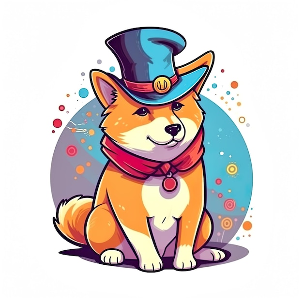 Niedlicher Shiba-Inu-Hund mit generativer KI-Illustration mit Zylinderhut