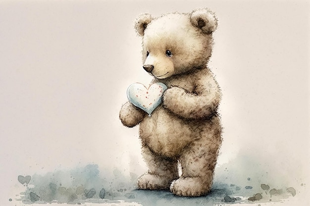 Niedlicher Teddybär, der ein Herz für eine Valentinskarte oder Geburtstagskarte hält. Aquarell Generative KI