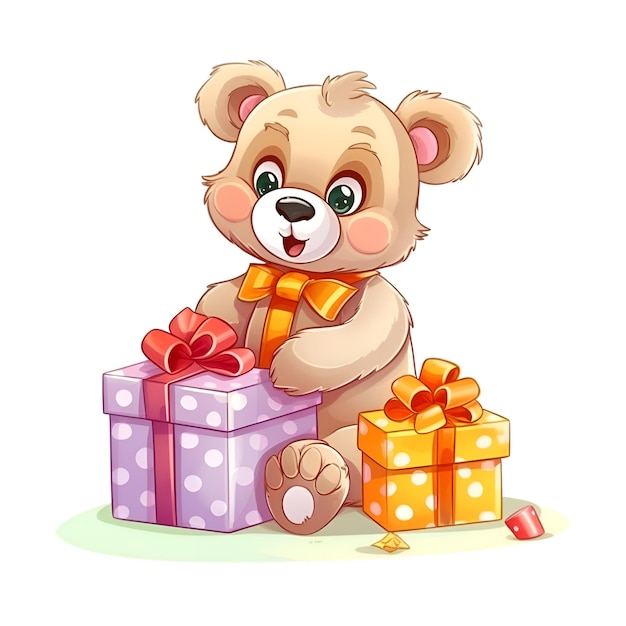Niedlicher Teddybär mit Geschenkboxen Vektor-Cartoon-Illustration