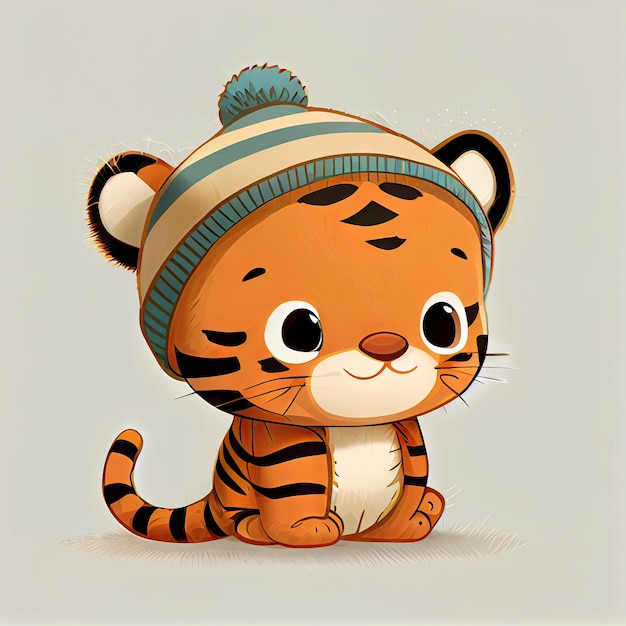 Niedlicher Tiger-Comic mit Mütze, Pullover und Hütte