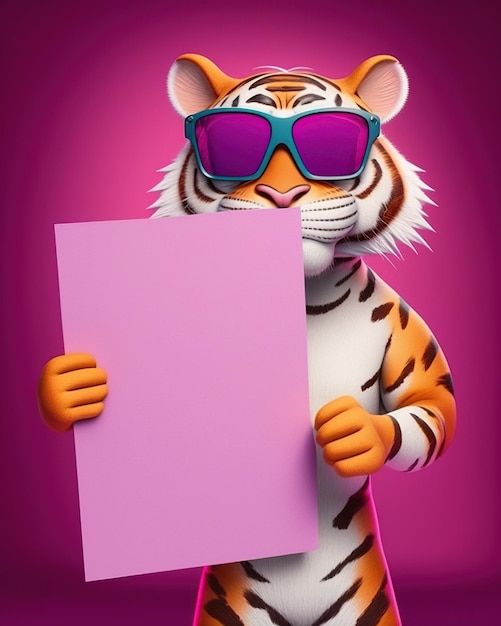 Niedlicher Tiger mit leerem Banner im 3D-Renderstil, AI generiert