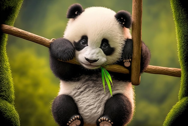 Niedlicher und humorvoller Babypanda, der am Bambus hängt