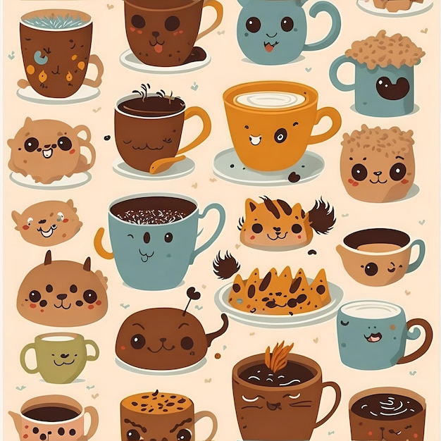 Niedlicher, vieler süßer Kaffee-Cartoon-Clipart-Vektor