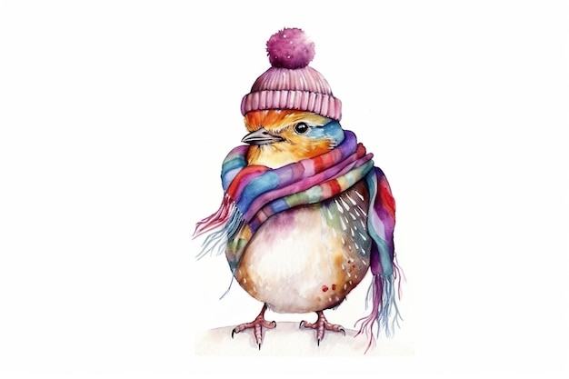 Niedlicher Vogel mit buntem Schal und Wintermütze, generative KI