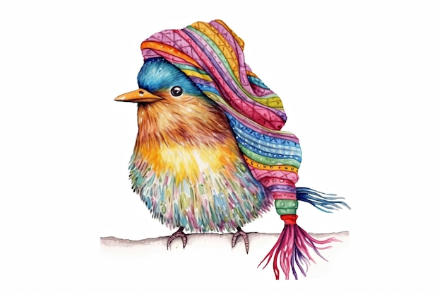 Niedlicher Vogel mit buntem Schal und Wintermütze, generative KI
