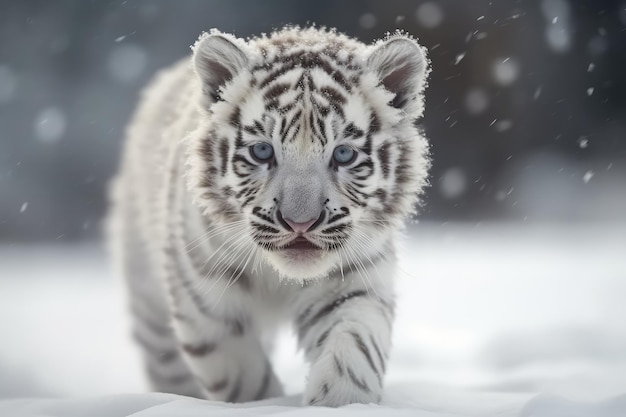 Niedlicher weißer Tigerbaby, der auf Schnee läuft, KI generiert