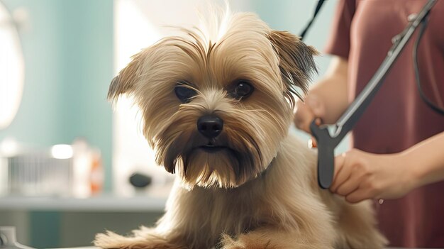 Niedlicher Welpe, der vom Hundefriseur Generative AI gepflegt wird