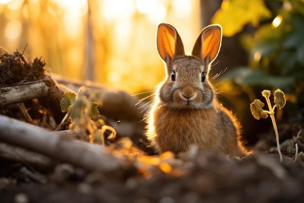 Niedlicher wilder Hase oder Kaninchen im Wald im Sonnenlicht