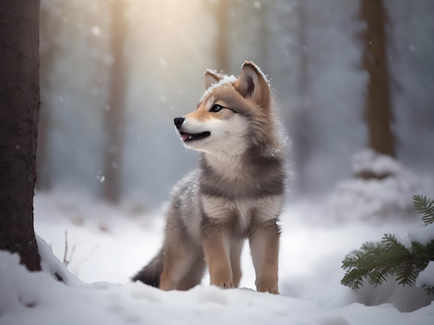 Niedlicher Wolfswelpe heult im verschneiten Wald