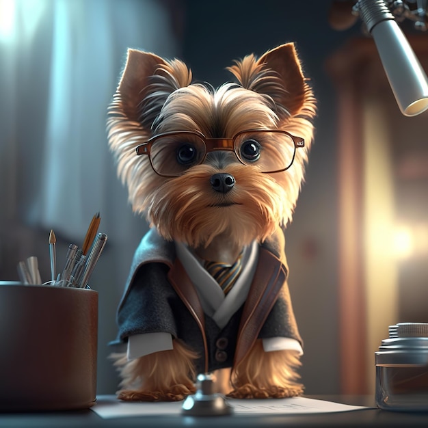 Niedlicher Yoksher-Terrier mit Brille und Business-Anzug im Büro