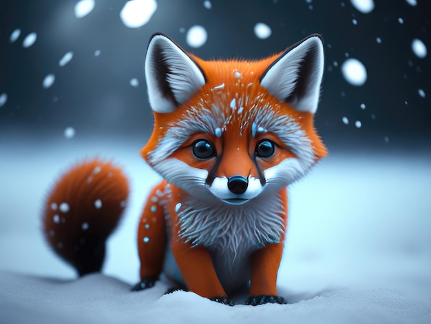 Niedliches 3D-Fuchsbaby im Schnee Winter AI generativ