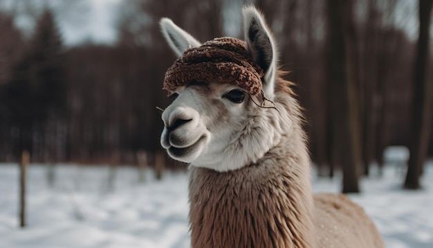 Niedliches Alpaka-Porträt, das im Winter in die Kamera blickt, generiert von KI