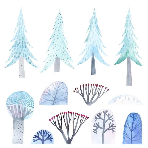 Niedliches Aquarell-Set mit dekorativen Bäumen Büschen Kinderillustration in Aquarell Winterwald Handgezeichnete niedliche Bäume für Winterurlaubsdekor oder Feierkarte