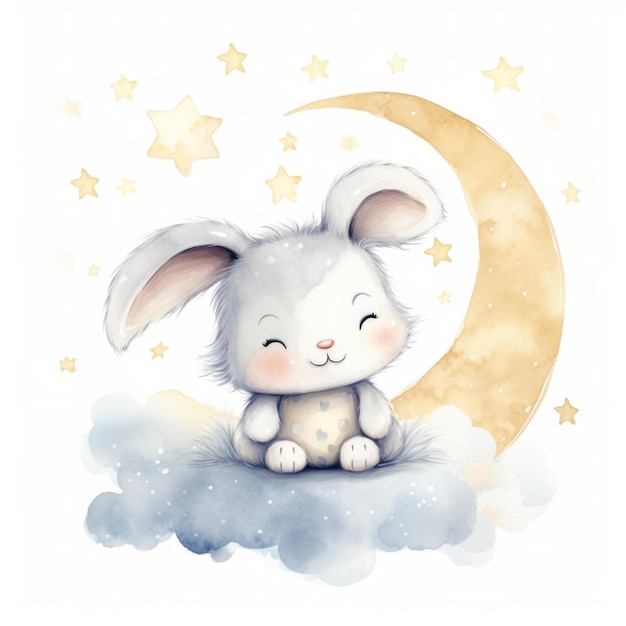 Niedliches Aquarellbaby Gute Nacht Hase auf Mond Illustration AI GenerativexD