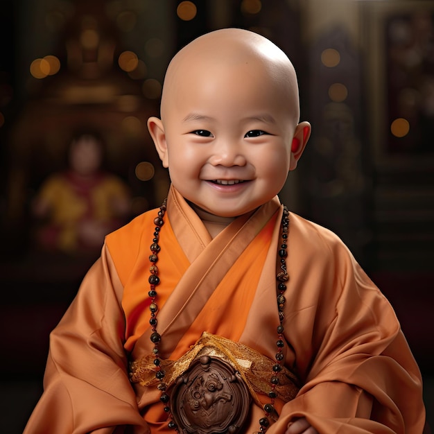 Niedliches Baby im chinesischen Mönchskostüm, Nahaufnahmeporträt