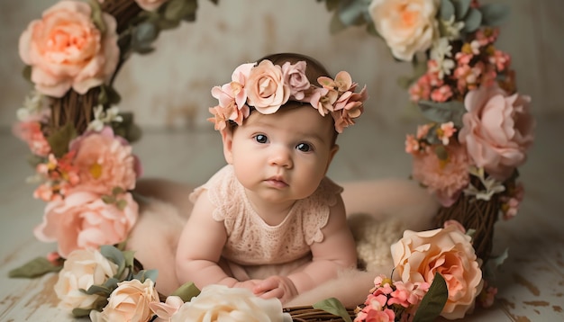 Niedliches Babymädchen mit Blumenporträt fröhlich lächelnden Glücks, erzeugt durch künstliche Intelligenz