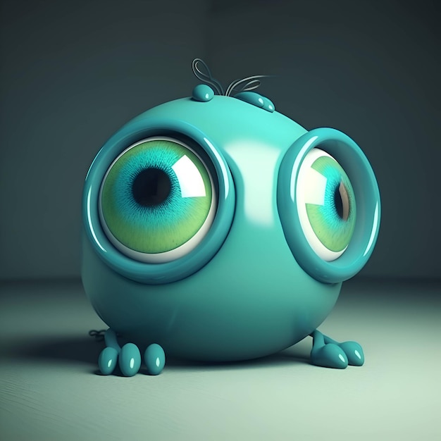 Niedliches blaues Monster mit grünen Augen, 3D-Rendering, quadratisches Bild