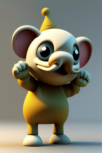 Niedliches Cartoon-Elefantenbaby, anthropomorph, 3D-Rendering, Charaktermodell, Handfigur, Produkt Kawaii