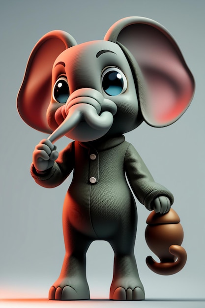 Niedliches Cartoon-Elefantenbaby, anthropomorph, 3D-Rendering, Charaktermodell, Handfigur, Produkt Kawaii