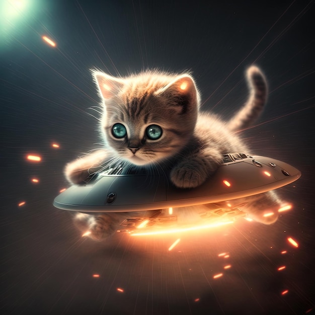 Niedliches, flauschiges Kätzchen, das UFO im Weltraum fährt. Lustige Katze reitet SciFi-Raumschiff oder außerirdisches Raumschiff. Generierte KI