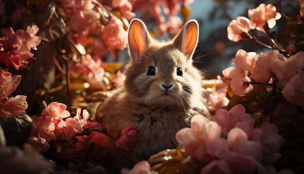 Niedliches, flauschiges Kaninchen sitzt im Gras und genießt den Frühling im Freien, erzeugt durch künstliche Intelligenz