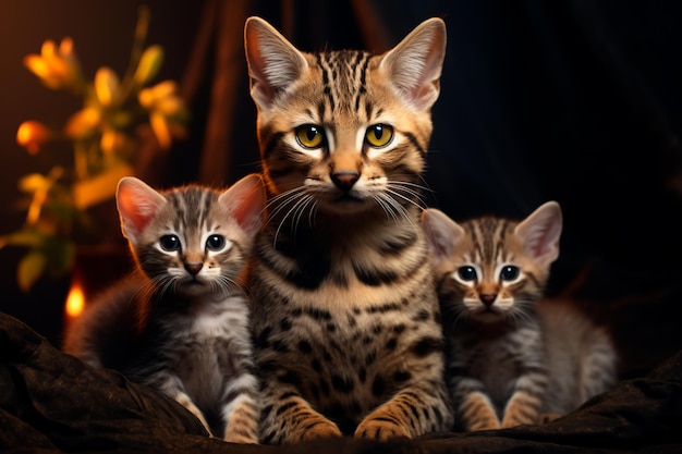Niedliches Foto einer Mutterkatze mit Kätzchen, Savannah-Katzen, KI-generiert