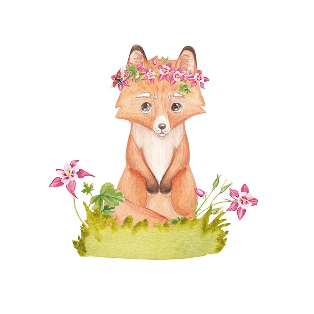 Niedliches Fuchsjunges im Gras mit Aquarellblumen Babyfüchse auf der Lichtung Illustration eines Waldtieres im kindlichen Stil Die Zeichnung eignet sich für Bücher, Postkarten, Einladungen, Feiertage