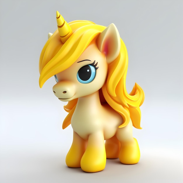 Niedliches gelbes Fantasy-Pony-Einhorn, 3D-Rendering