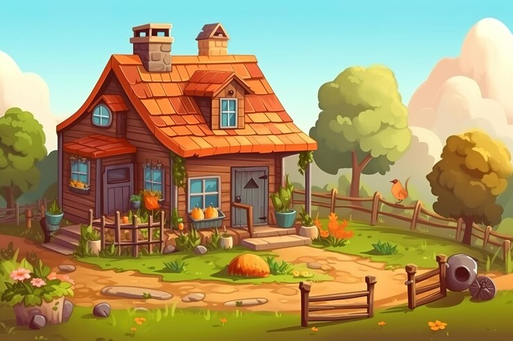 Niedliches, gemütliches Dorfhaus im Cartoon-Stil, generiert durch KI