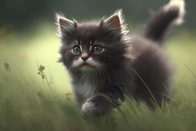 Niedliches graues Kätzchen, das auf dem Gras läuft, lustiges, flauschiges Haustier, das im Freien spielt Kleine Katze, Tierthema, generative ai