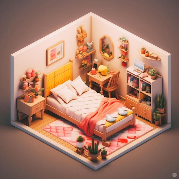 Niedliches isometrisches 3D-Schlafzimmer