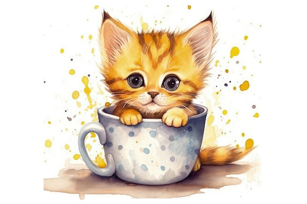 Niedliches Kätzchen, das in einer Teetasse sitzt, die mit Aquarellen Generative AI bemalt ist