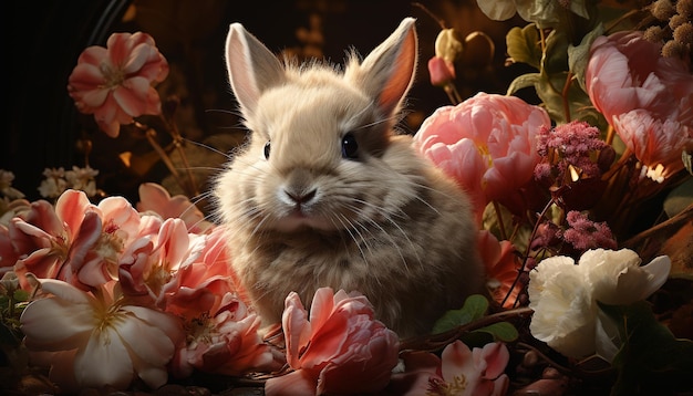 Niedliches Kaninchenbaby sitzt auf Gras, umgeben von Blumen, die durch künstliche Intelligenz erzeugt wurden