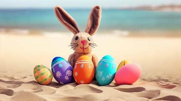 Niedliches Kaninchenspielzeug und bunte Eier am Strand Geringe Schärfentiefe Konzept des fröhlichen Ostertages