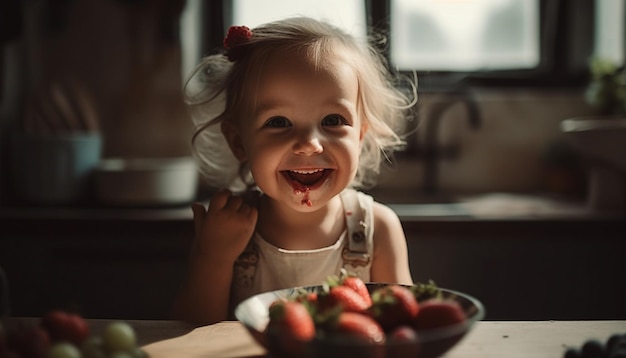 Niedliches kaukasisches Kleinkind genießt drinnen eine von KI erzeugte frische Erdbeerschüssel