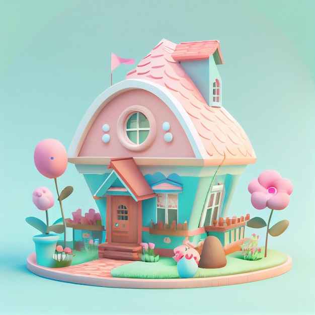 Niedliches Kawaii-Haus 3D-Darstellung in Pastellfarben