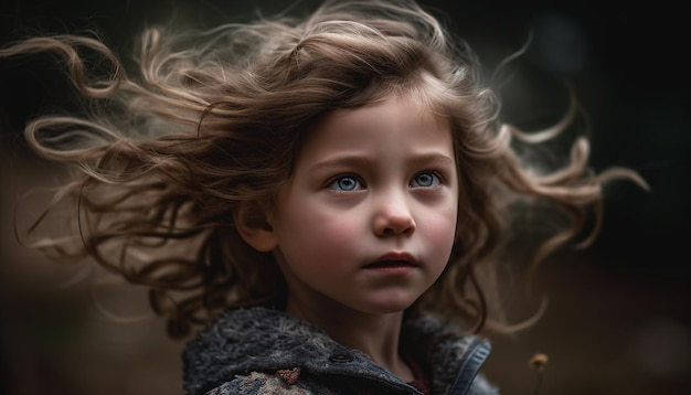 Niedliches Kind mit braunen Haaren, das draußen in der Natur in die Kamera schaut, erzeugt durch künstliche Intelligenz
