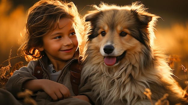 Niedliches Kind umarmt kleinen Hund, der Liebe und Unschuld darstellt