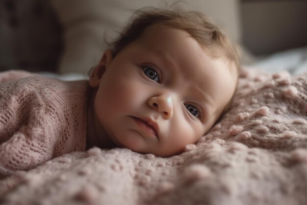 Niedliches kleines Baby, das zu Hause auf einer weichen Decke liegt, Nahaufnahme