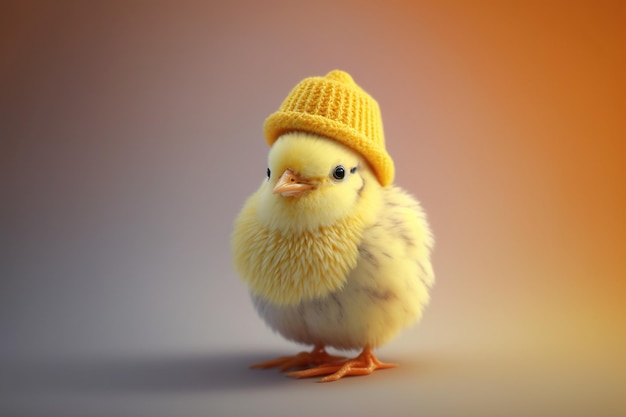 Niedliches kleines Huhn mit Strickmütze auf gelbem Hintergrund Generation AI