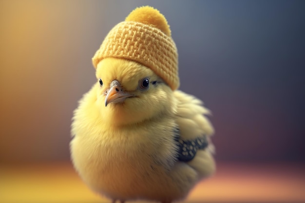 Foto niedliches kleines huhn mit strickmütze auf gelbem hintergrund generation ai