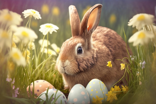 Niedliches kleines Kaninchen mit Ostereiern auf Blumenwiese AI Generative