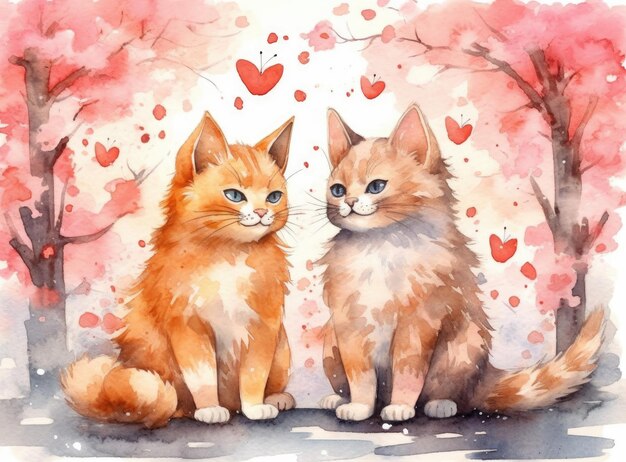 Niedliches kleines verliebtes Kätzchen im handgezeichneten Cartoon-Stil mit romantischem Aquarell zum Valentinstag