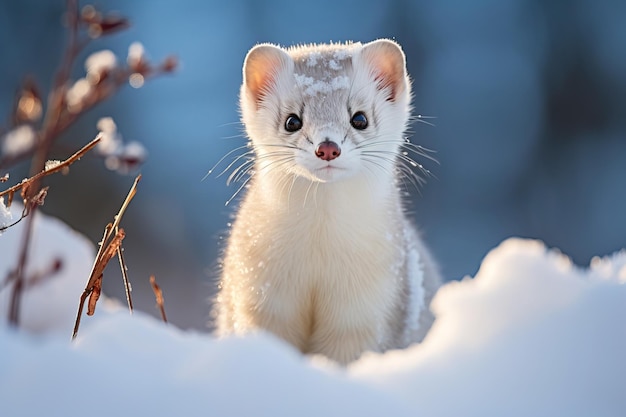 Niedliches kleines weißes Winterwiesel im Schnee auf einem verschwommenen verschneiten Waldhintergrund