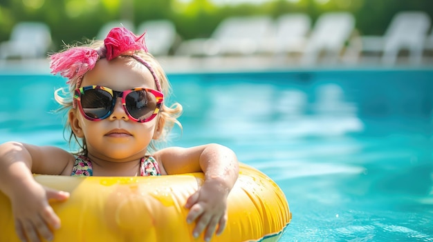 Foto niedliches, lustiges kleinkindmädchen in buntem badeanzug und sonnenbrille entspannt sich auf einem aufblasbaren spielzeugring, der im pool schwimmt, und hat spaß während der sommerferien im tropischen resort. kind hat spaß im schwimmbad