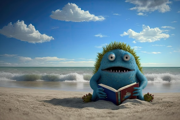 Niedliches Monster liest am Strand mit Blick auf sonnigen Himmel und blaues Wasser