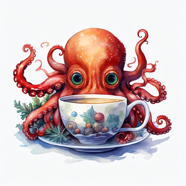 Niedliches Oktopus-Weihnachtsfeiertags-Fantasie-Teeparty-Aquarell